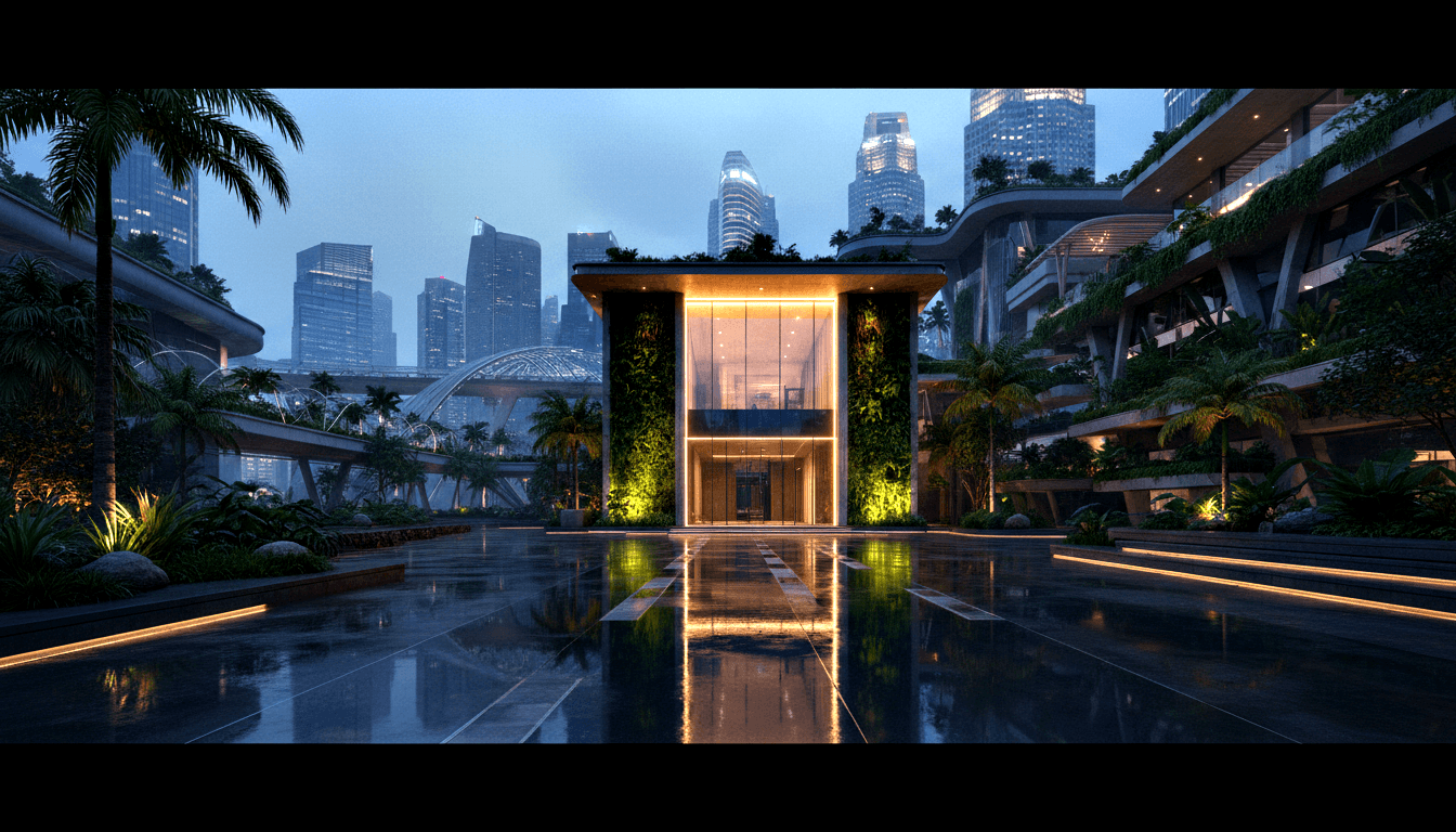Glass-and-wood pavilion entrance flanked by illuminated vertical living plant walls on a reflective wet tiled plaza at dusk.