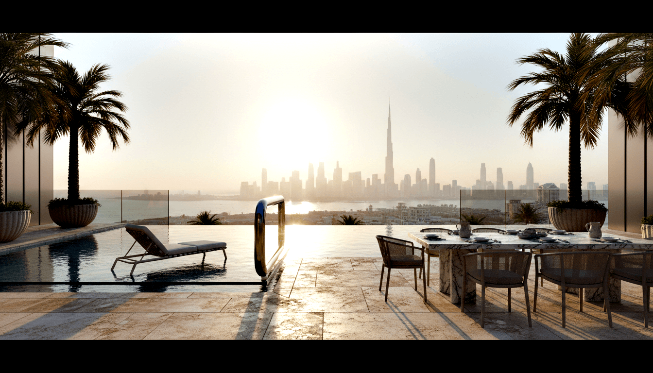 Outdoor terrace at golden hour with infinity pool, submerged chaise longue, marble dining table, and hazy city skyline beyond.