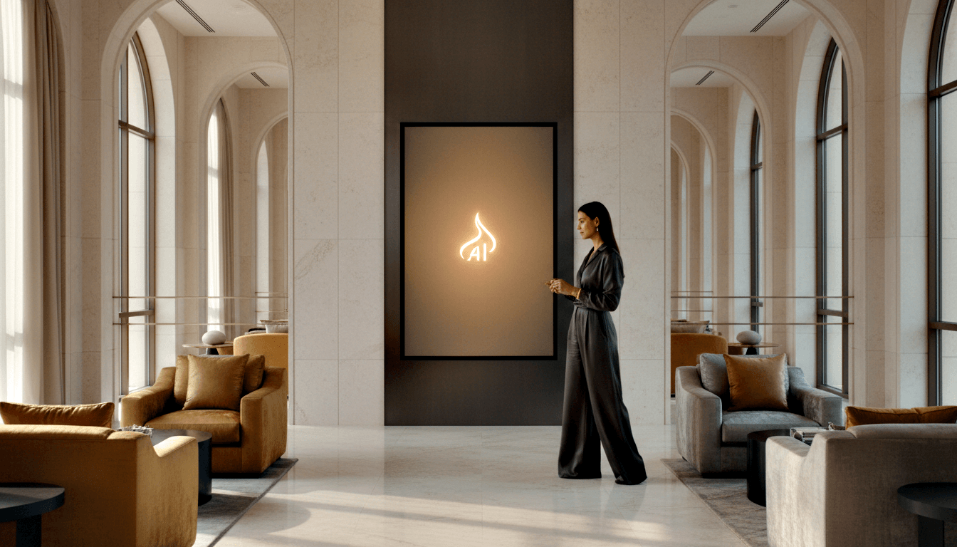 Woman in charcoal wide-leg pantsuit holding a small device, standing in profile in a grand lobby with a glowing amber flame-shaped "AI" sign.