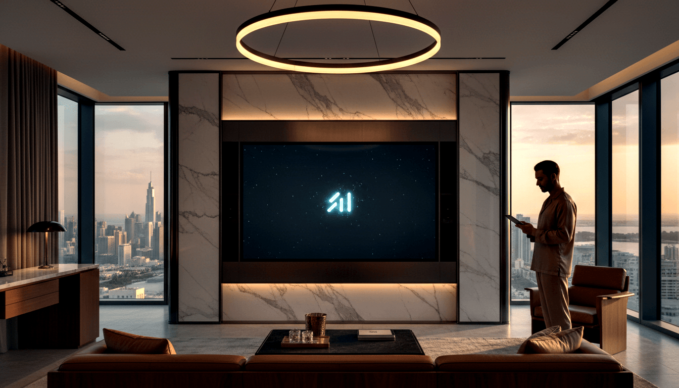 CGI living room with marble TV wall, ring pendant light, and male silhouette holding tablet near floor-to-ceiling windows showing dusk cityscape.