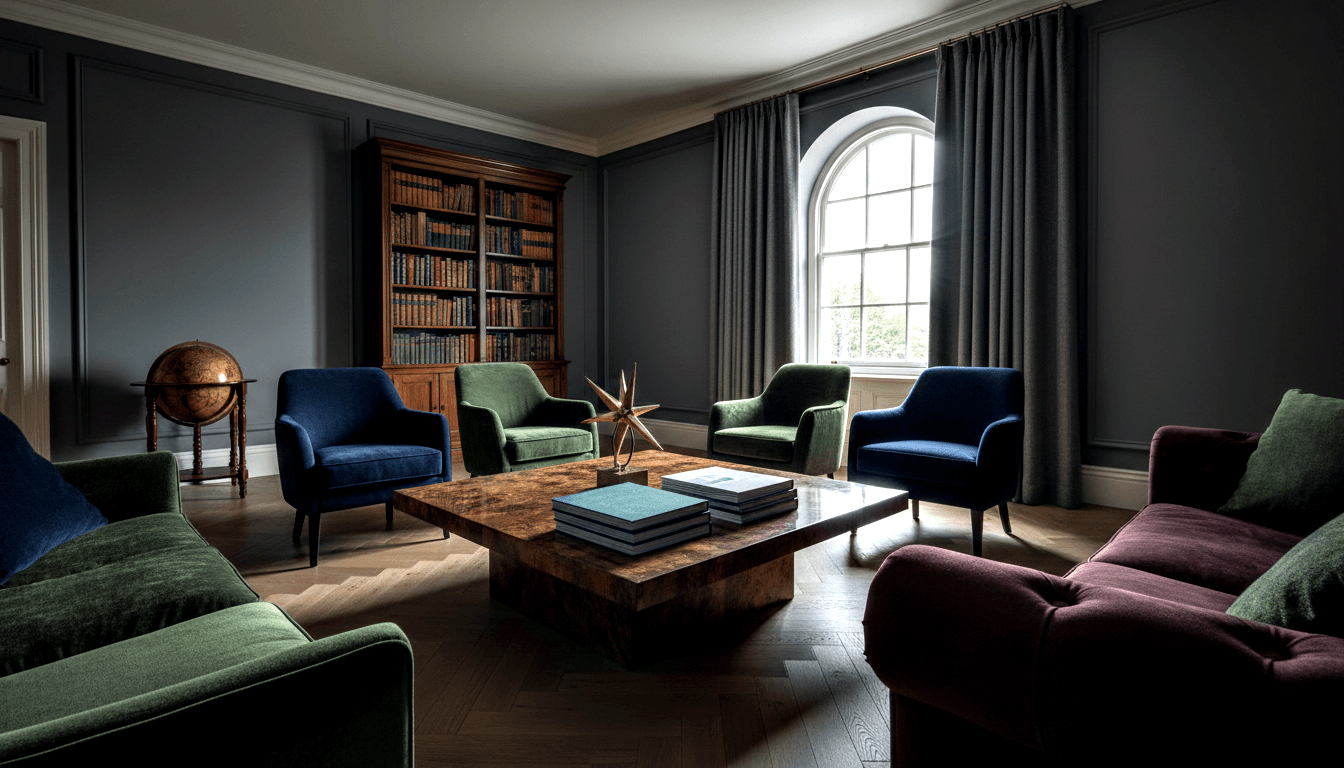 Formal sitting room with dark slate-grey panelled walls, velvet armchairs, green and burgundy sofas, burled wood coffee table, and arched window.