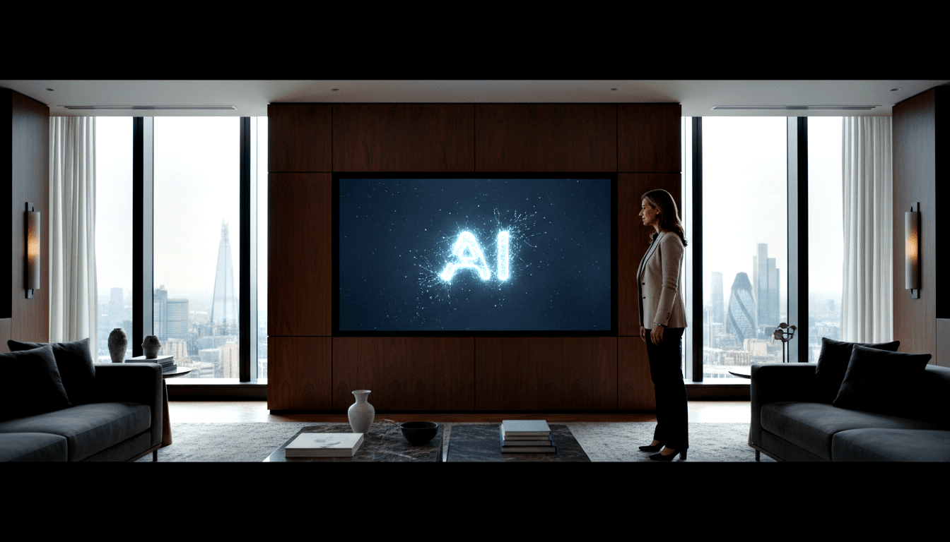 Woman in cream blazer stands in profile before a wall-mounted screen displaying glowing cyan 'AI' lettering on dark navy background.