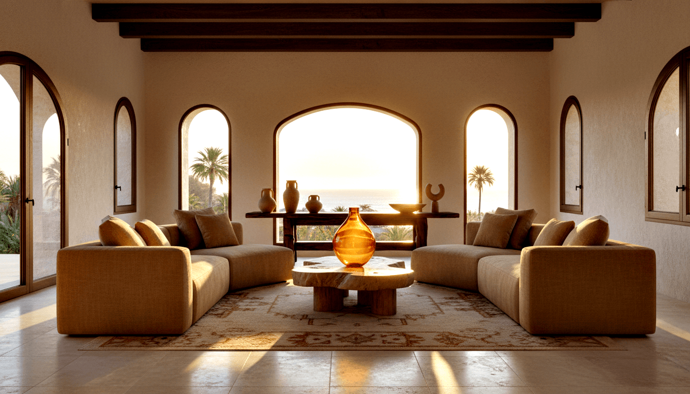 Symmetrical living room with white plaster walls, dark wood ceiling beams, arched windows, two beige modular sofas flanking a round coffee table.