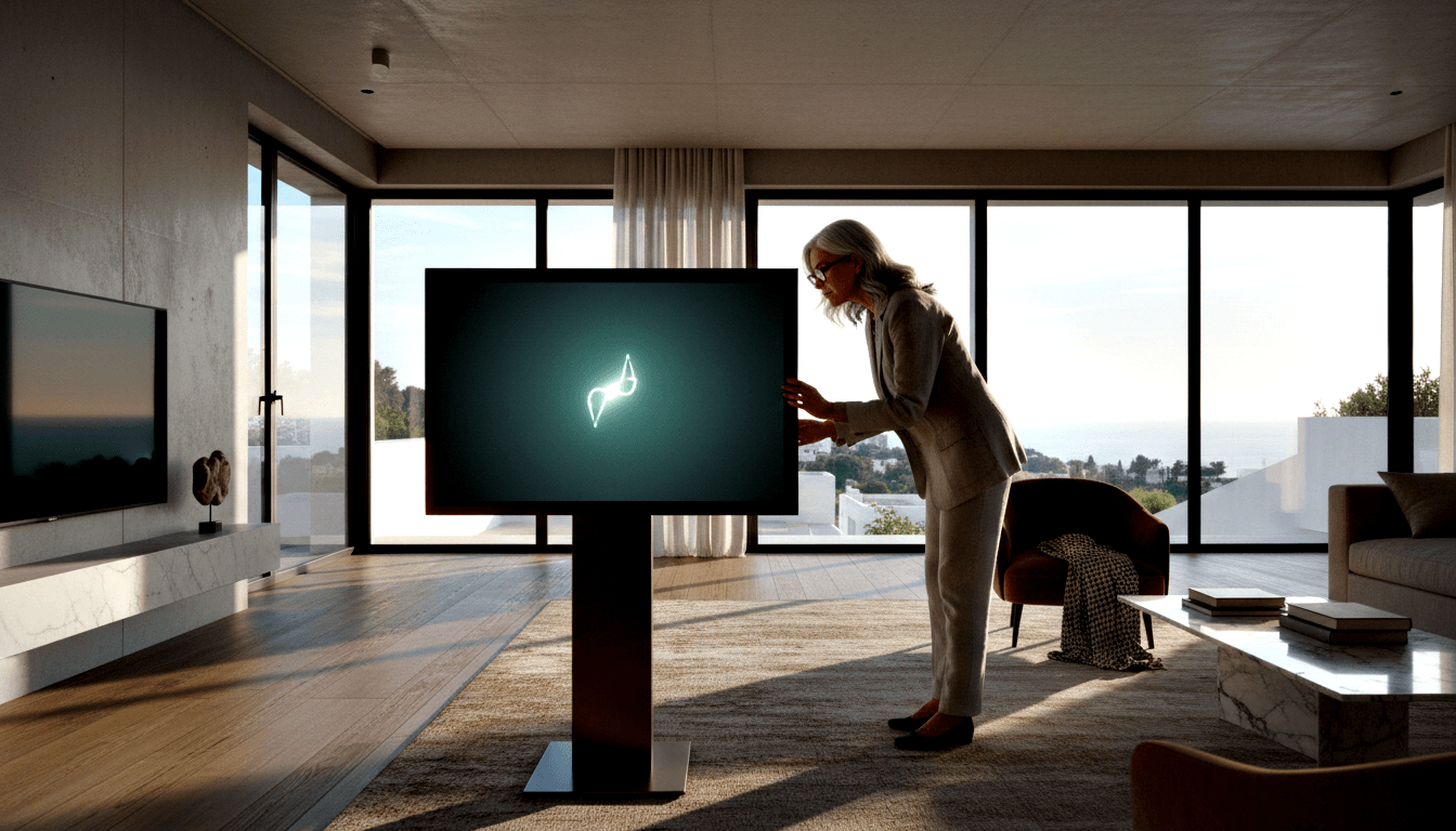 Gray-haired woman in beige blazer reaches toward a dark-pedestal monitor displaying a glowing abstract figure on teal, in a living room.