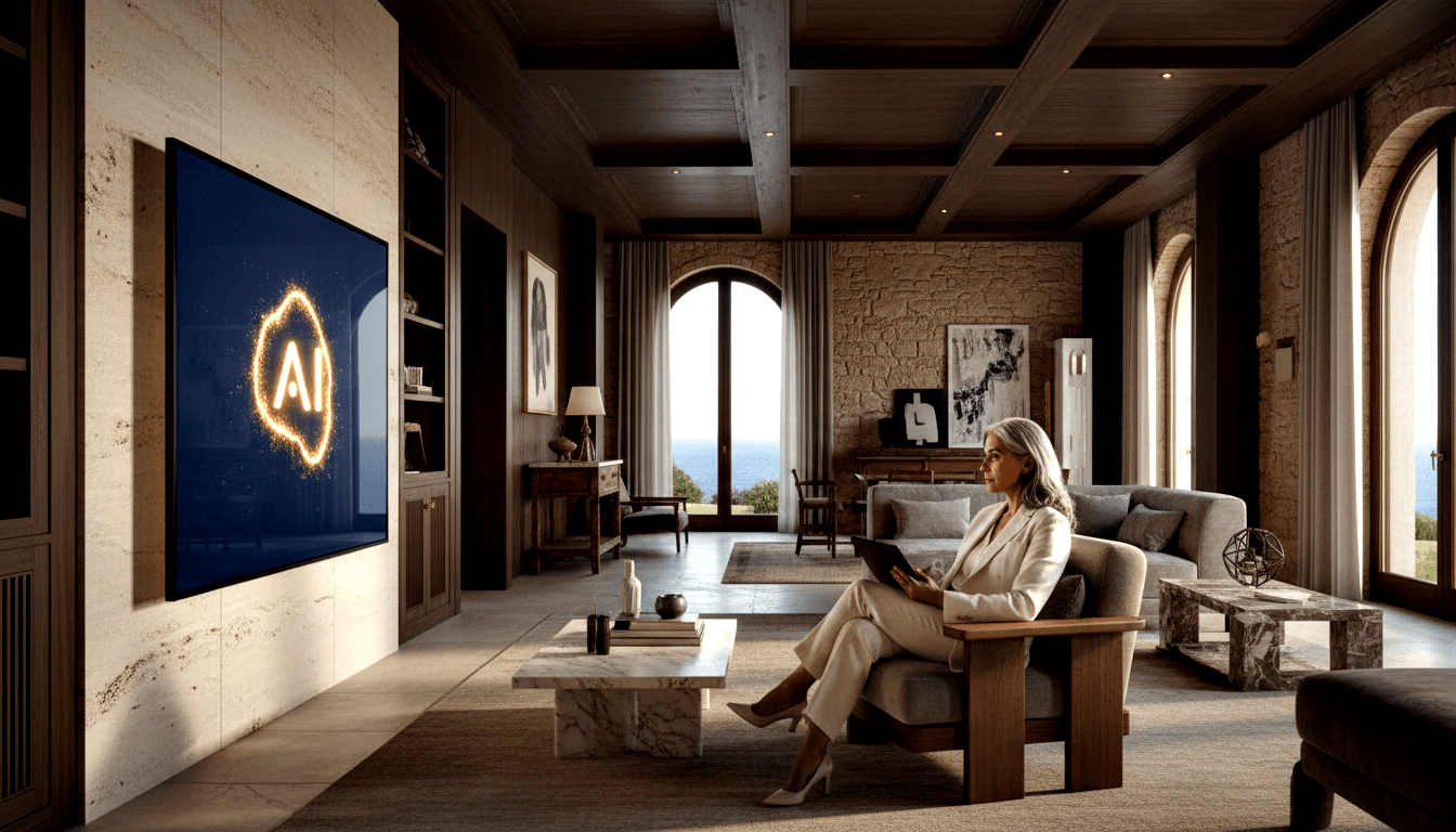 Silver-haired woman in cream pantsuit holds tablet, gazes at wall screen showing glowing golden AI emblem in stone-walled room.