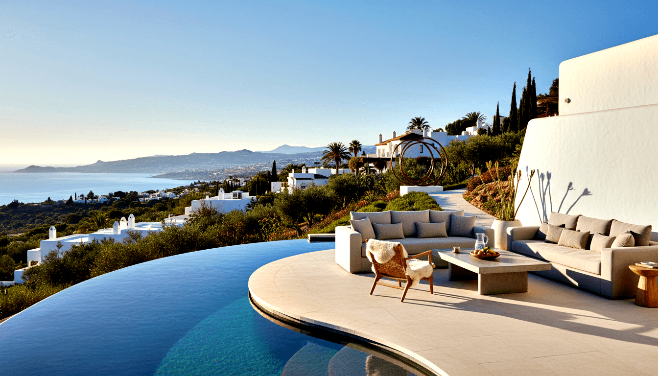 Circular infinity pool on sunny hillside terrace with lounge seating, white villas, coastal bay, and mountains under clear sky.