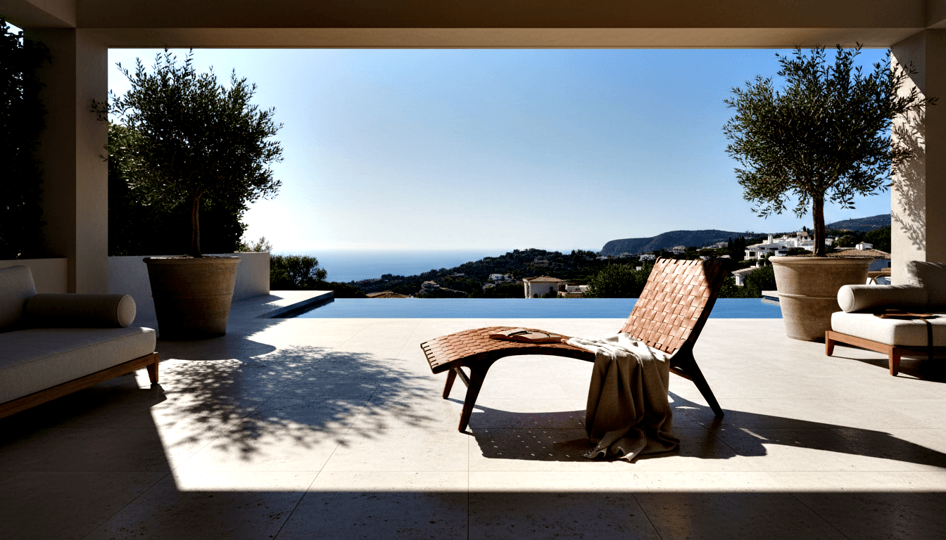 Woven leather chaise longue on stone terrace under pergola, olive trees in urns, infinity pool and sea horizon beyond.