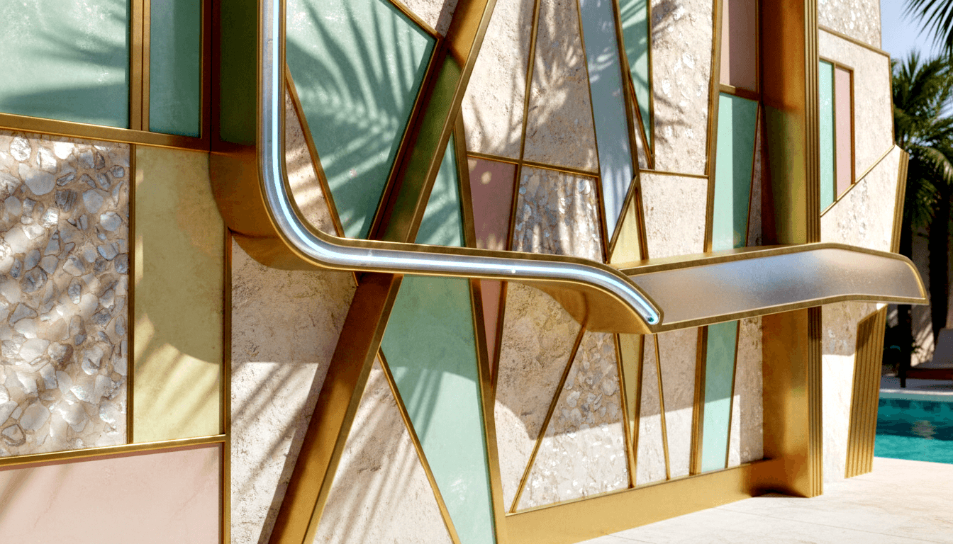 Art Deco facade: sage green, dusty rose, olive glass panels in gold framing; chrome tube fixture; palm shadows on beige stone.