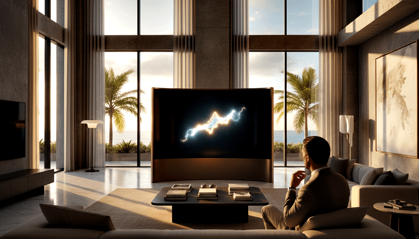 Person in beige suit seated on cream sofa from behind, watching large curved screen with blue-white waveform in room with concrete columns.
