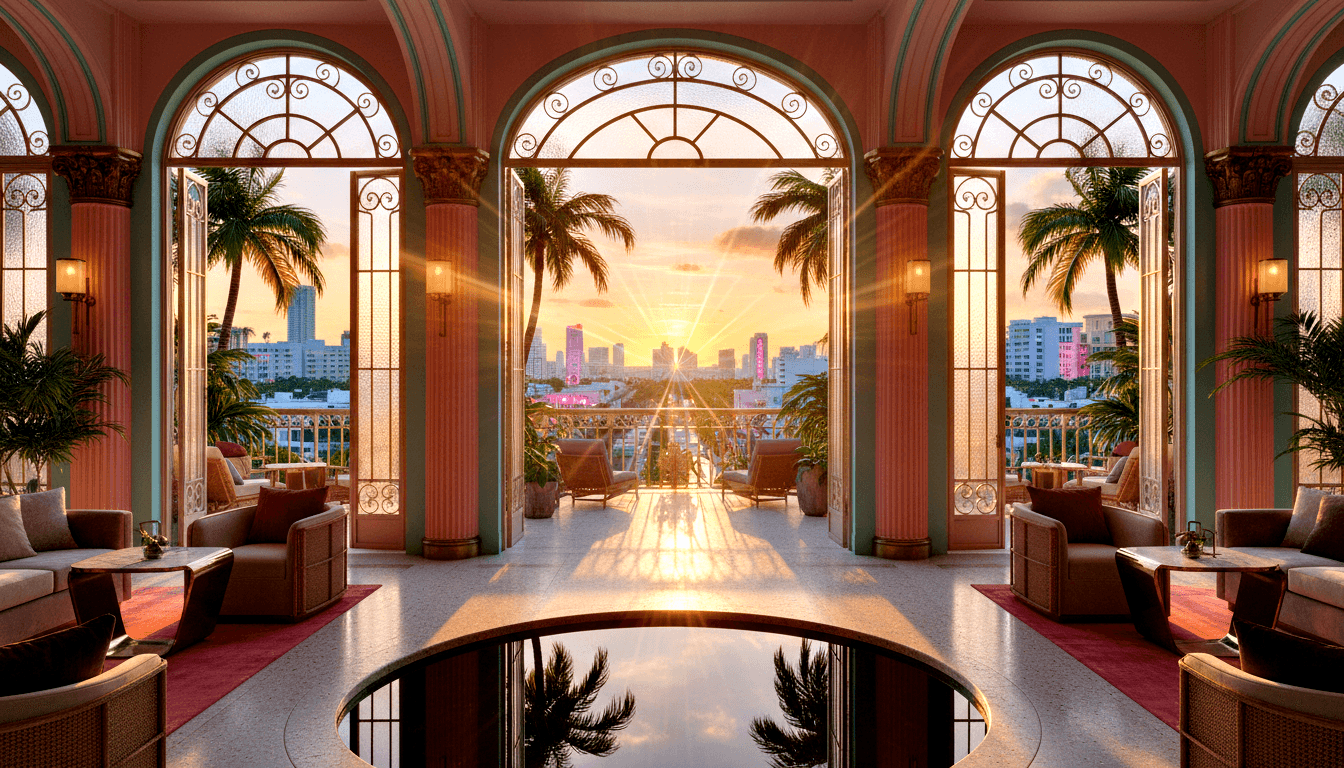 CGI grand arched lounge, salmon-pink columns, teal trim, ironwork doors opening to palm terrace at golden dusk.