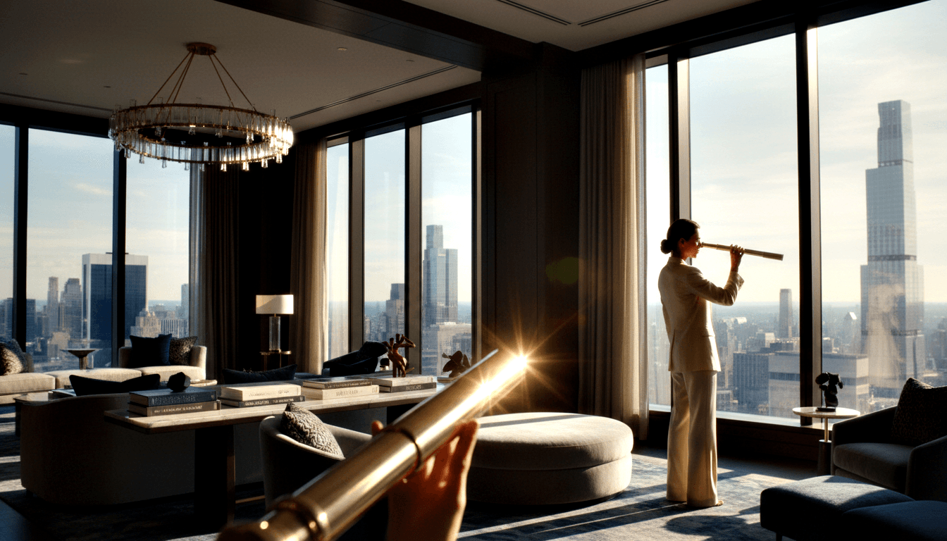 Woman in white pantsuit looks through brass telescope near floor-to-ceiling windows with urban skyline view; second telescope held in foreground.