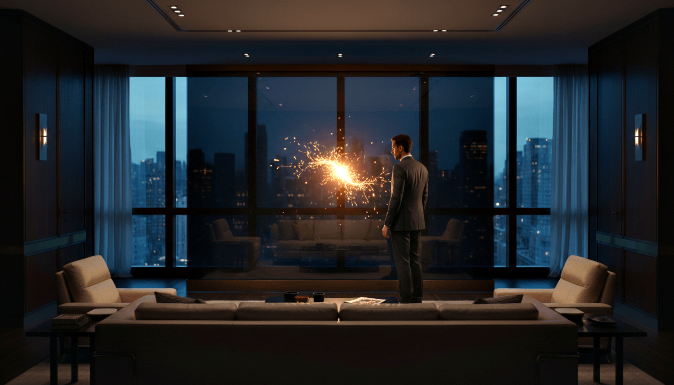 Man in dark gray suit facing floor-to-ceiling windows at dusk, with gold and orange sparks bursting midair in a modern high-rise room.