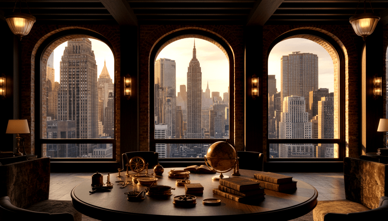 CGI study with exposed brick, arched windows, golden-hour skyline, dark desk with brass instruments, globe, leather books.