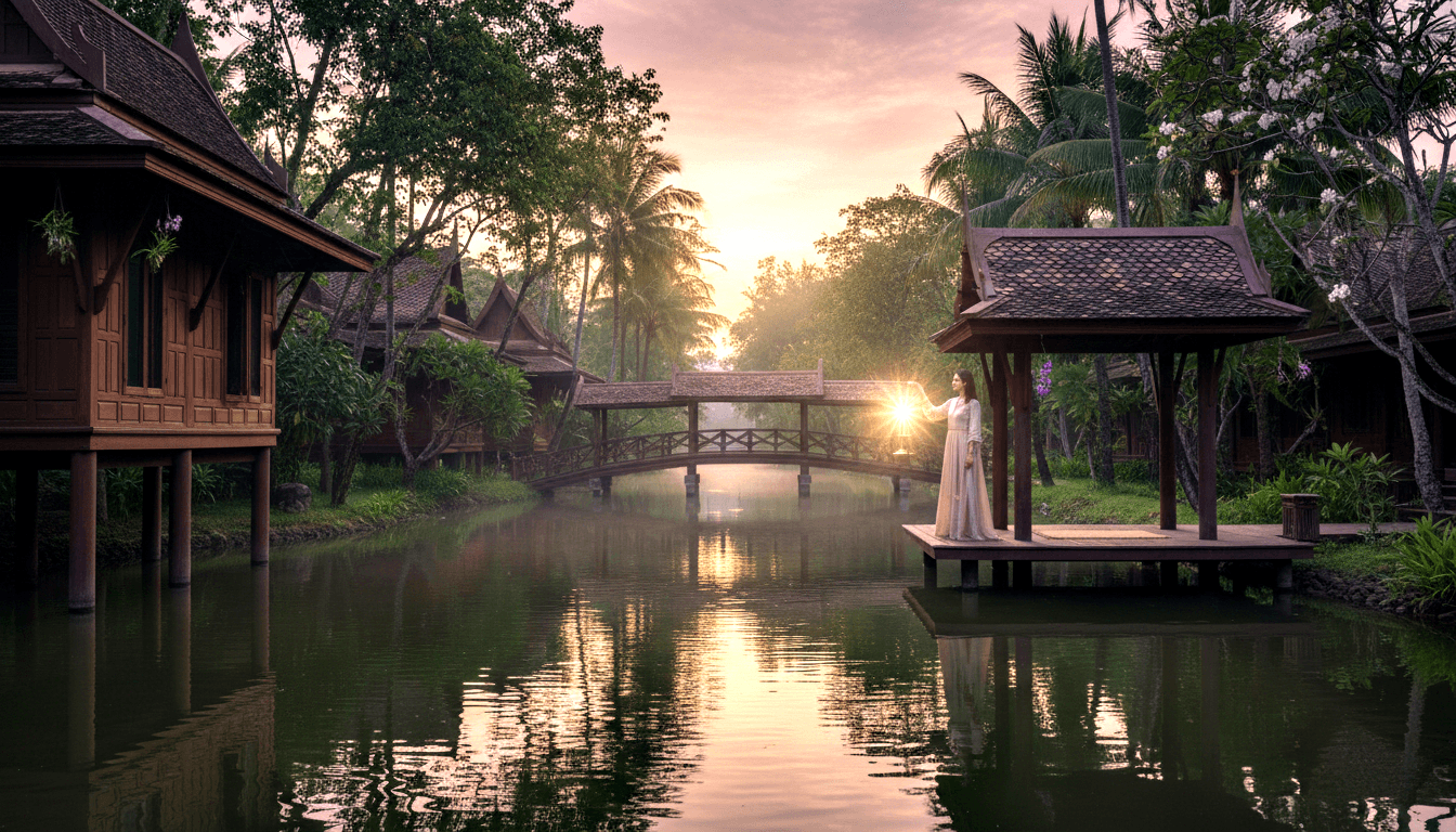 Woman in pale gown holding glowing lantern on wooden waterside pavilion with stilt buildings reflecting in calm water at twilight.