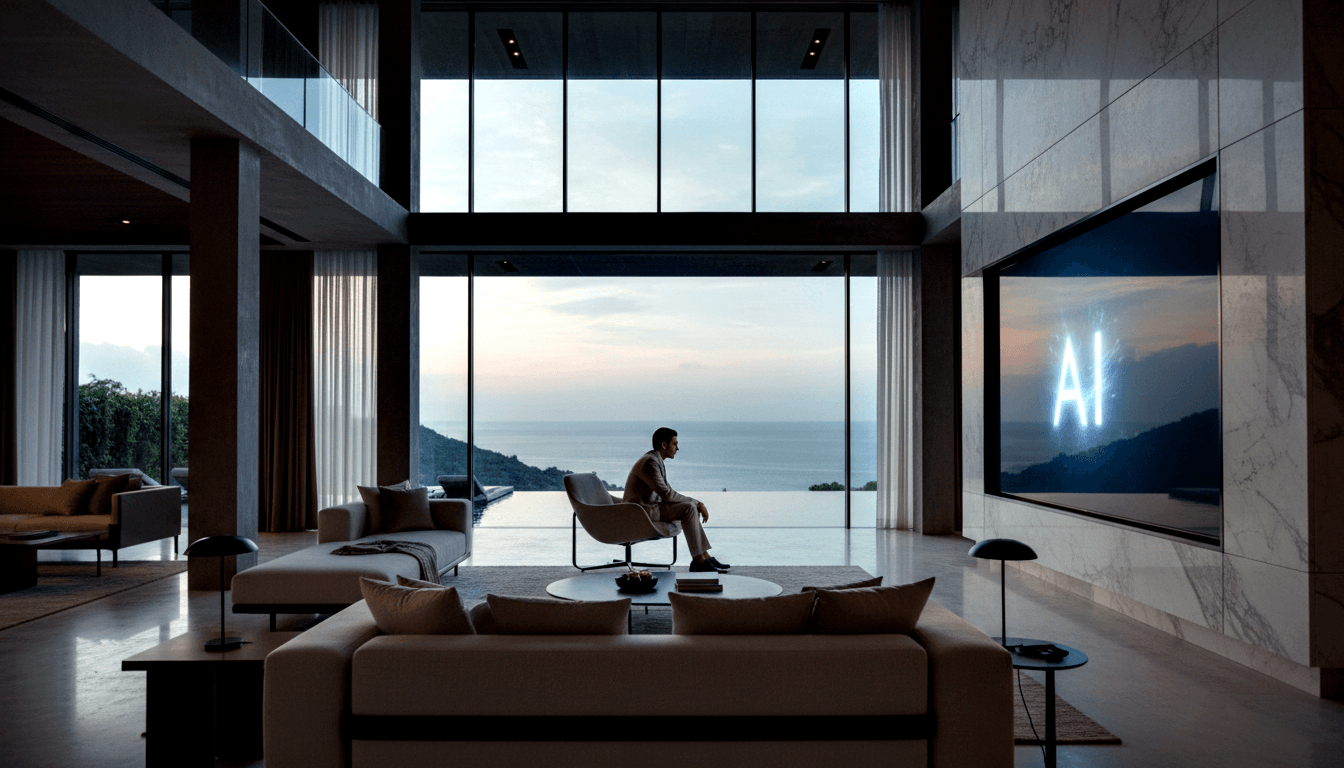Silhouetted man in beige outfit seated in accent chair before floor-to-ceiling glass walls with infinity pool, ocean, and forested hills at dusk.