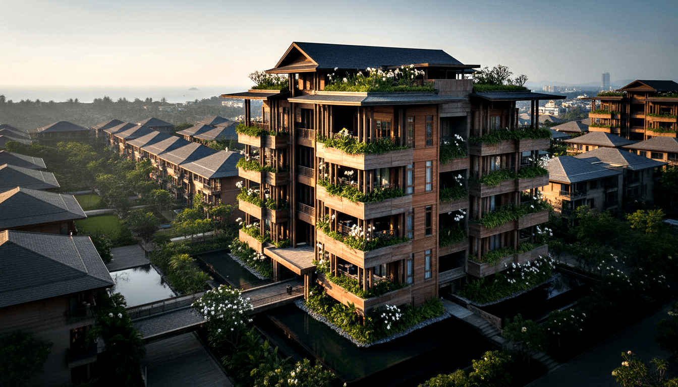Multi-story reddish-brown wooden building with tiered balconies of tropical plants, Asian pitched roof, reflecting pools, ocean backdrop.