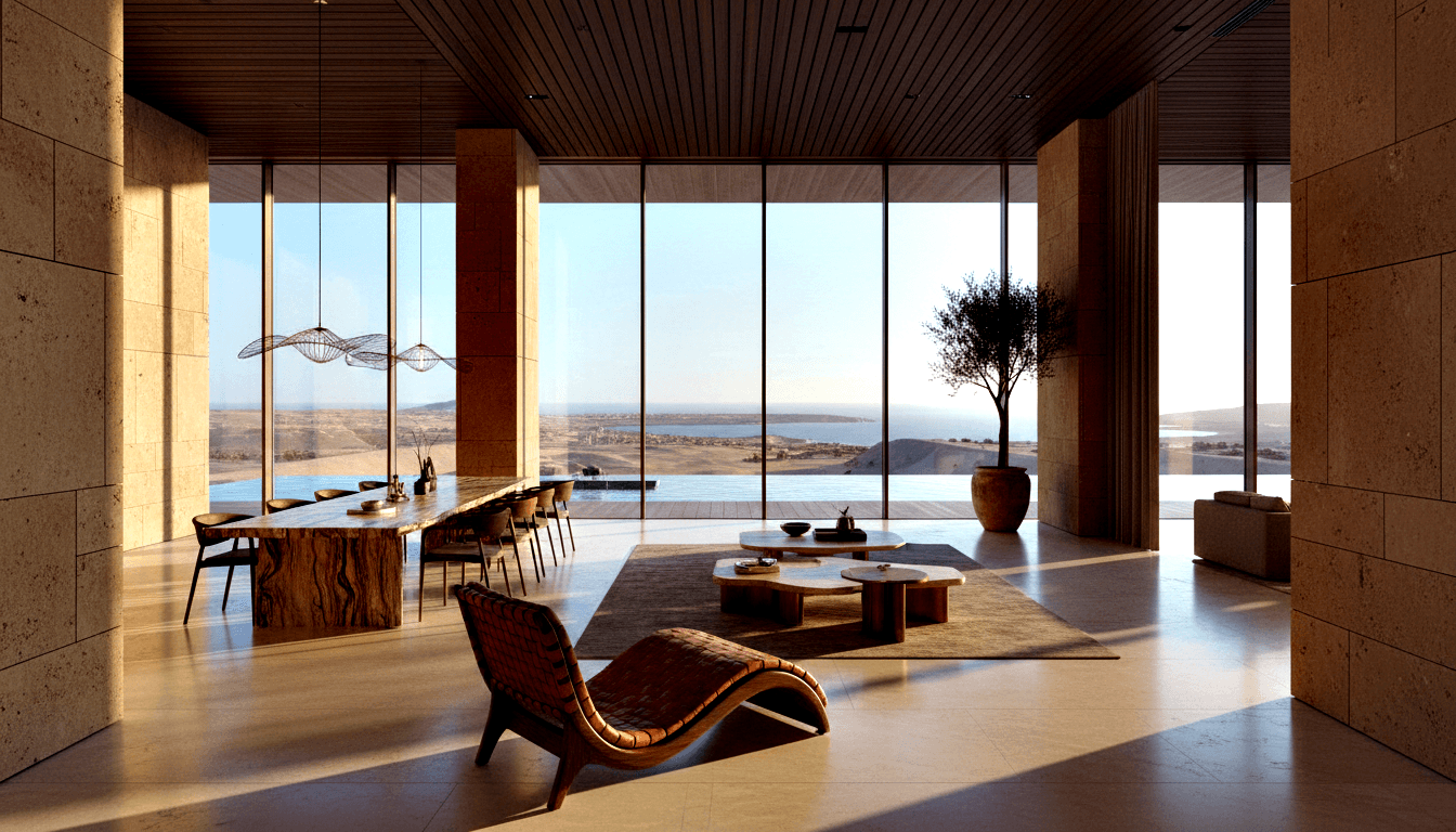 CGI interior: travertine walls, dark slatted ceiling, bentwood chaise, live-edge dining table, glass walls with arid landscape view.