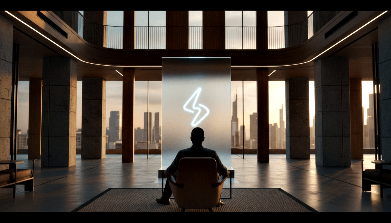 Man seen from behind in brown armchair facing frosted glass with neon lightning bolt; hazy city skyline through tall windows.