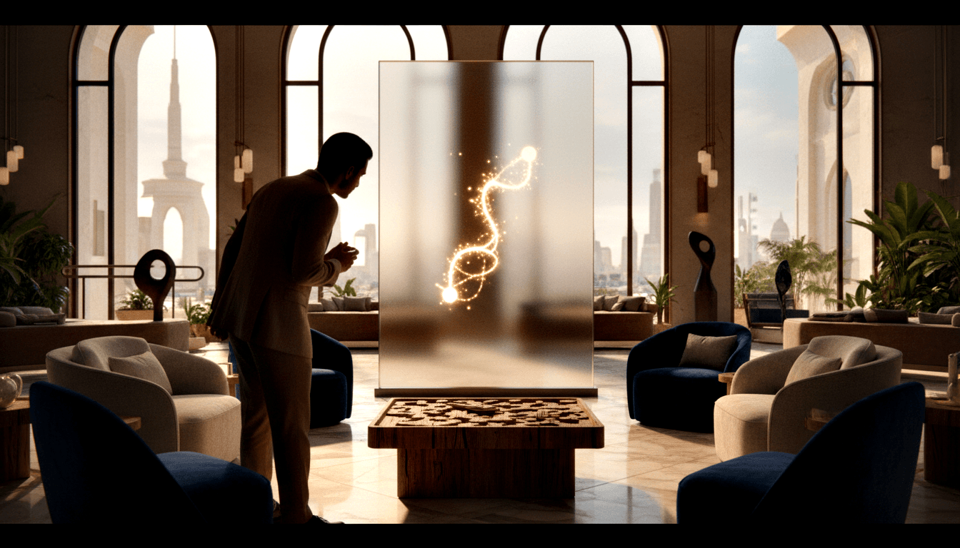 Silhouetted man in beige suit faces frosted panel with swirling golden amber helix in a high-ceilinged room.