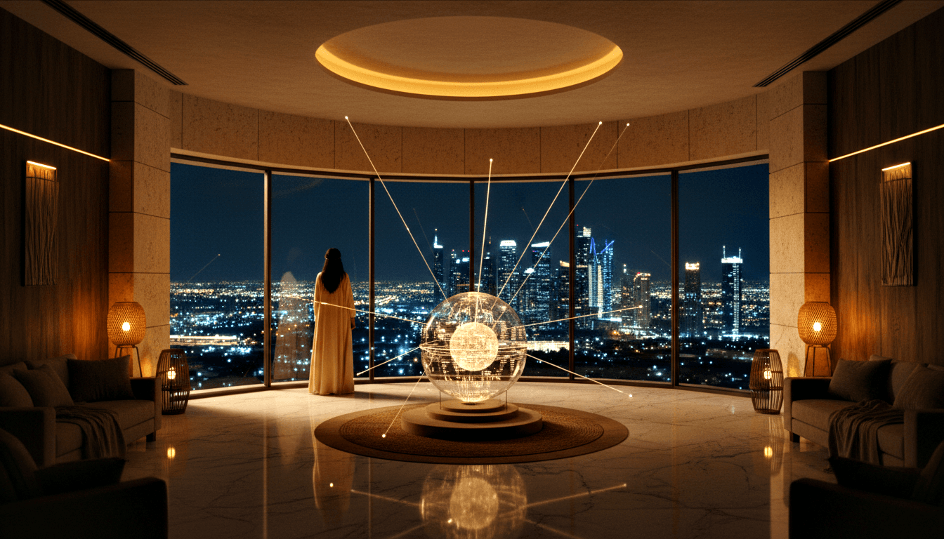 Woman in white gown faces panoramic windows over nighttime skyline; translucent sphere with golden strands on circular platform.