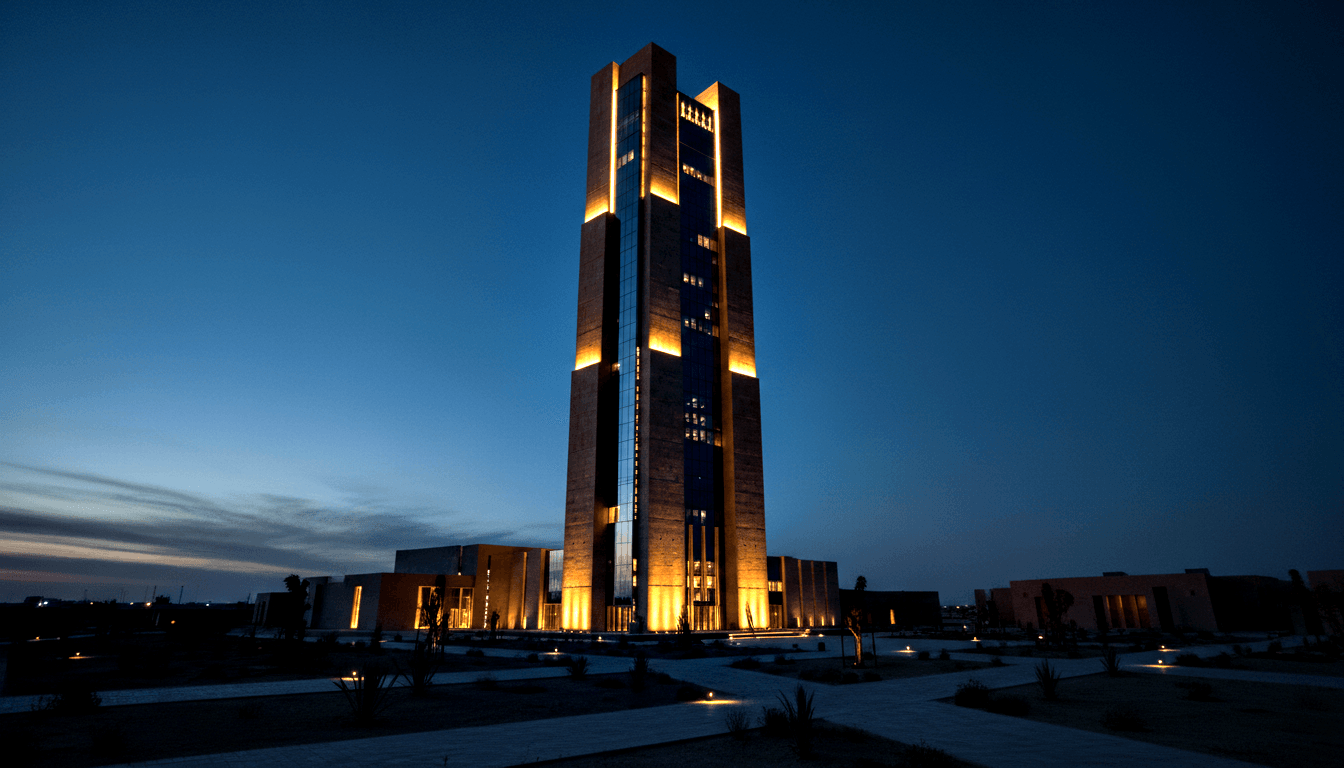 20–30-story tower with amber-gold uplighting at dusk, flanked by symmetric wing buildings on a geometric plaza.