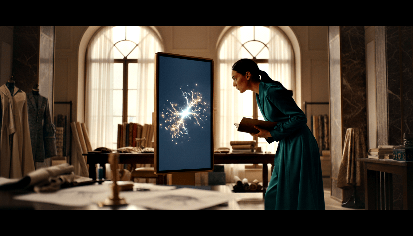 Woman in teal coat leans forward with portfolio to examine a large digital screen on a wooden easel showing a white spark-burst on dark navy.