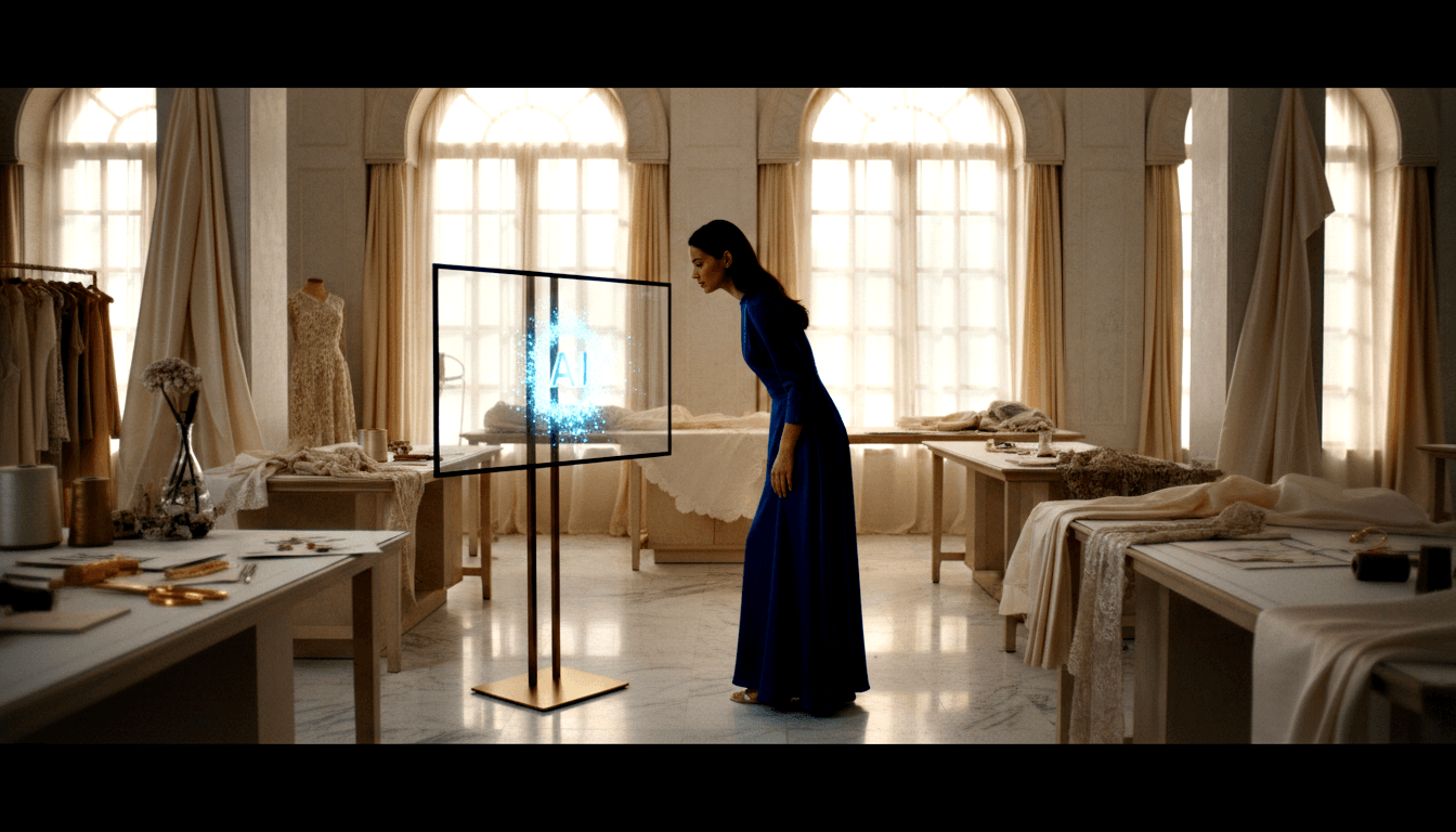 Barefoot woman in royal blue dress leans toward a glowing cyan holographic display on a gold-base frame in a design studio with arched windows.
