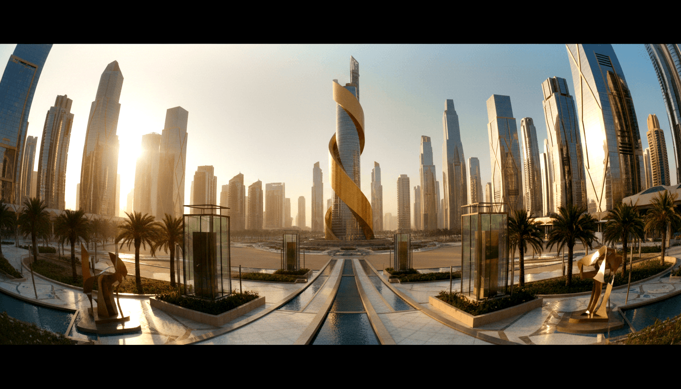 CGI plaza: spiral golden tower, reflecting pool, bronze sculptures, palm trees, curving glass skyscrapers, golden-hour light.
