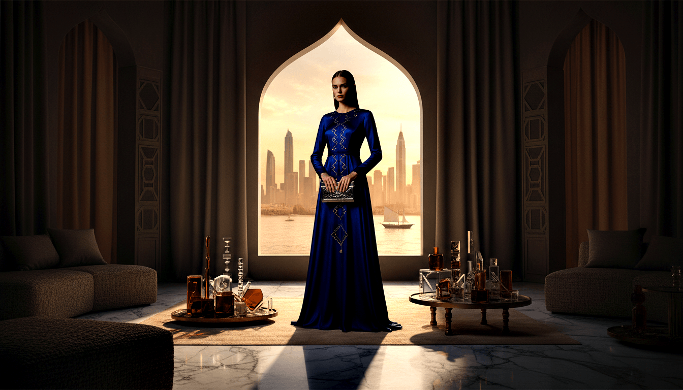 Woman in royal blue gown with silver embroidery under ornate pointed arch; golden-hour waterfront skyline visible behind her.