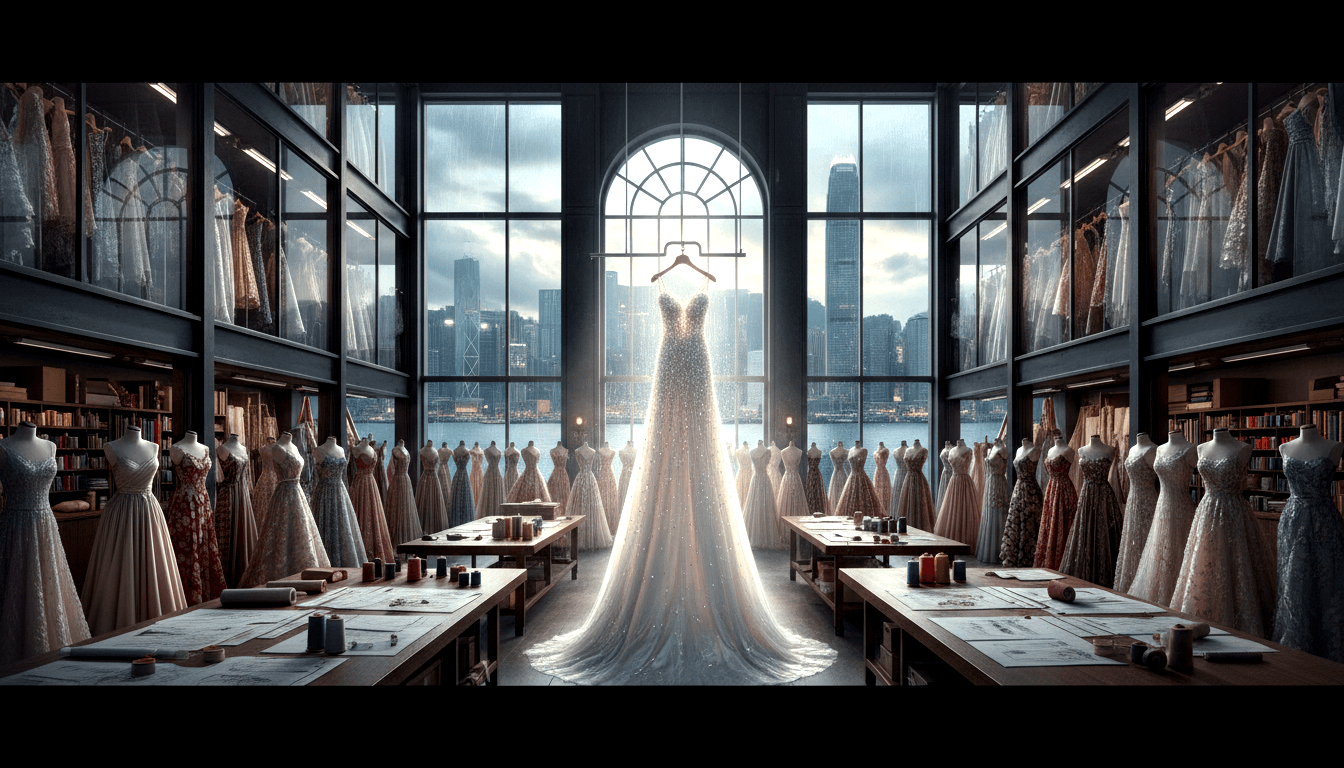 White beaded wedding gown centered in a fashion studio, flanked by mannequins in pink gowns, with arched windows and skyscraper skyline.
