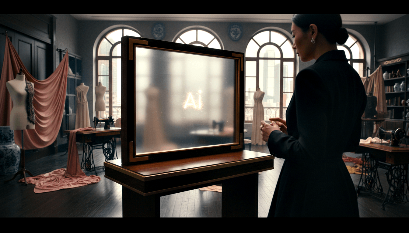 Dark-haired woman in black blazer standing in profile beside a frosted-glass panel with glowing golden letters 'AI' on a wooden pedestal.