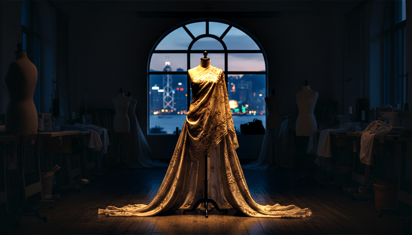 Cream and gold embroidered gown on a spotlit mannequin in a dim studio, with a nighttime city skyline visible through an arched rear window.