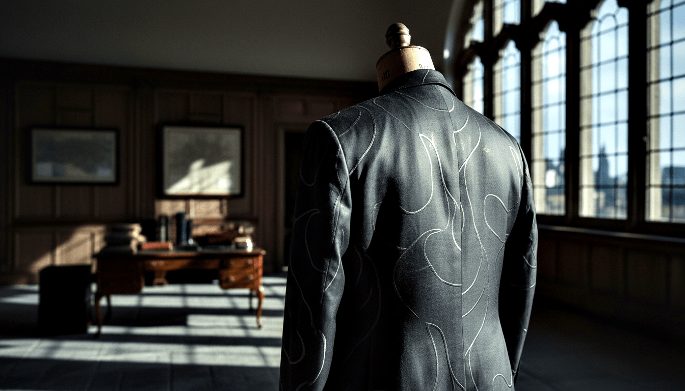 Dark navy jacket with swirling white stitched patterns displayed back-facing on a wooden tailor's dress form.