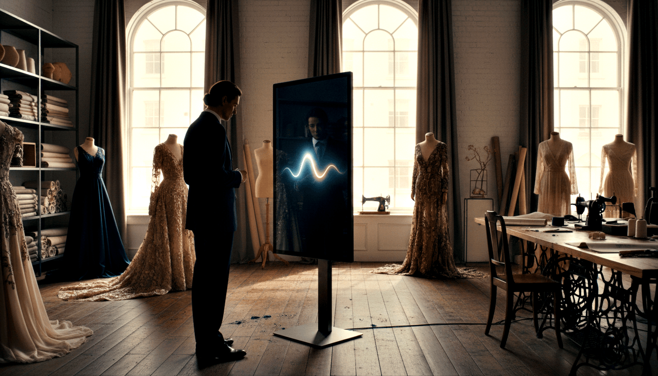 Dark-haired man in navy suit standing in atelier between lace gowns on mannequins, facing a tall screen displaying a blue-white waveform.