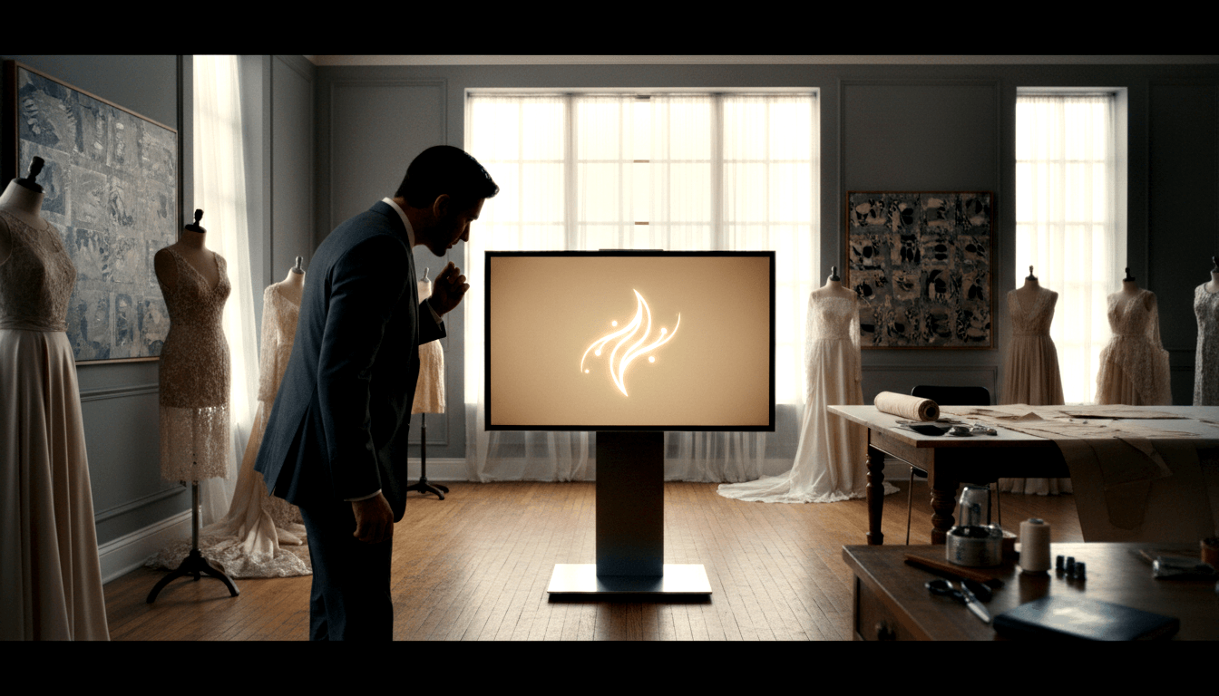 Man in navy suit examines monitor showing glowing flame symbol; mannequins in ivory gowns and worktable in background.