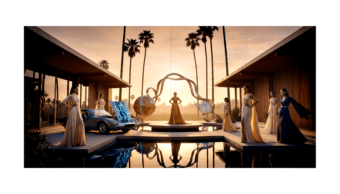 CGI golden-hour: figures in gowns on circular platform under gold arch, silver convertible with holographic display, reflective pool, palms.