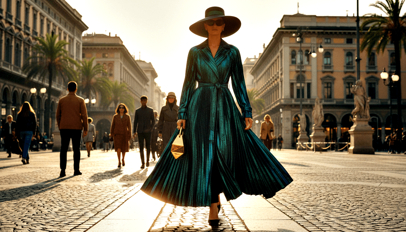 Tall woman in iridescent pleated teal-green dress and wide-brimmed dark hat strides through cobblestone plaza holding geometric gold handbag.
