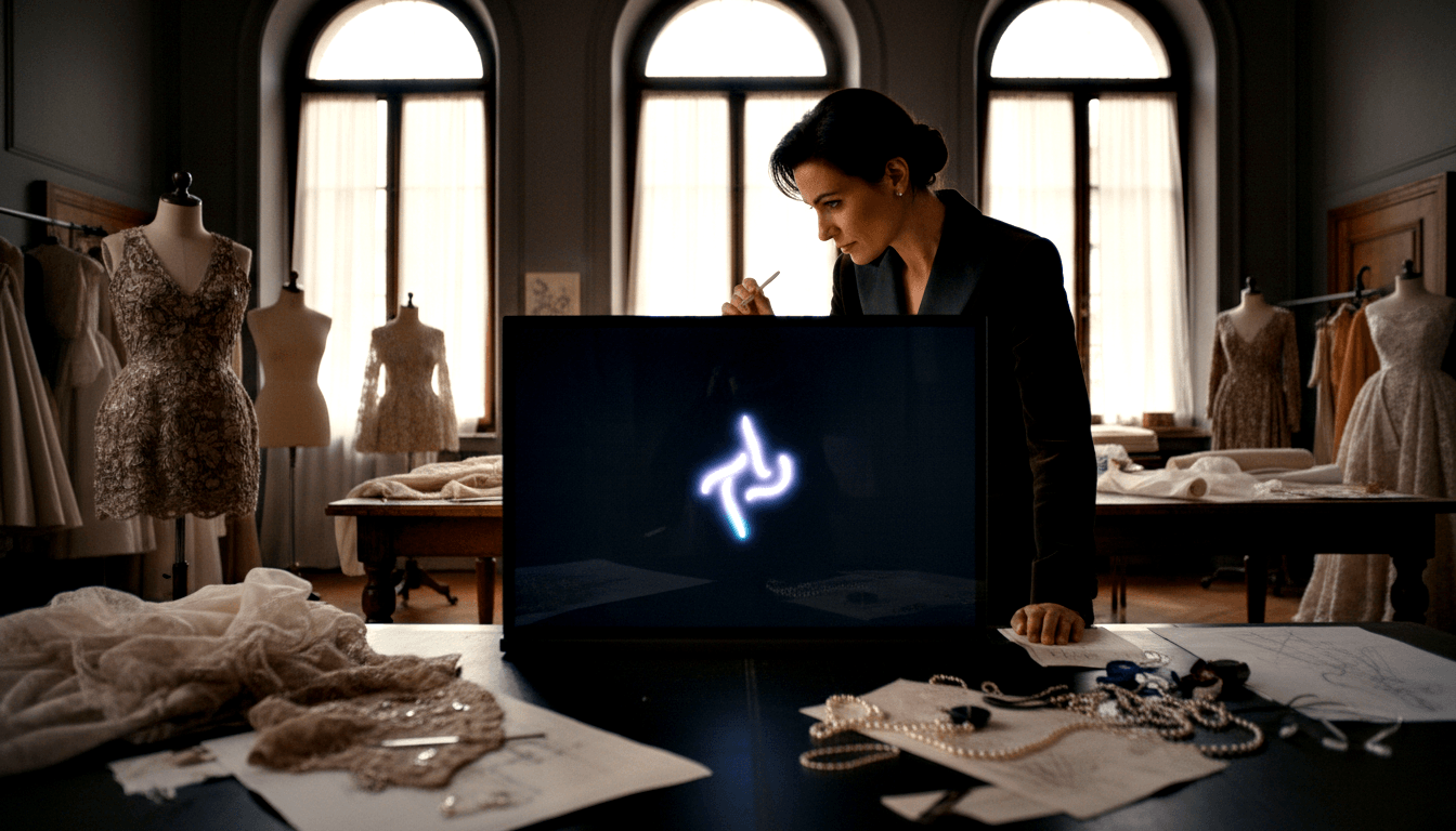 Dark-haired woman with bun leans over desk in dimly lit atelier, pen near chin, before large black screen with glowing white symbol.