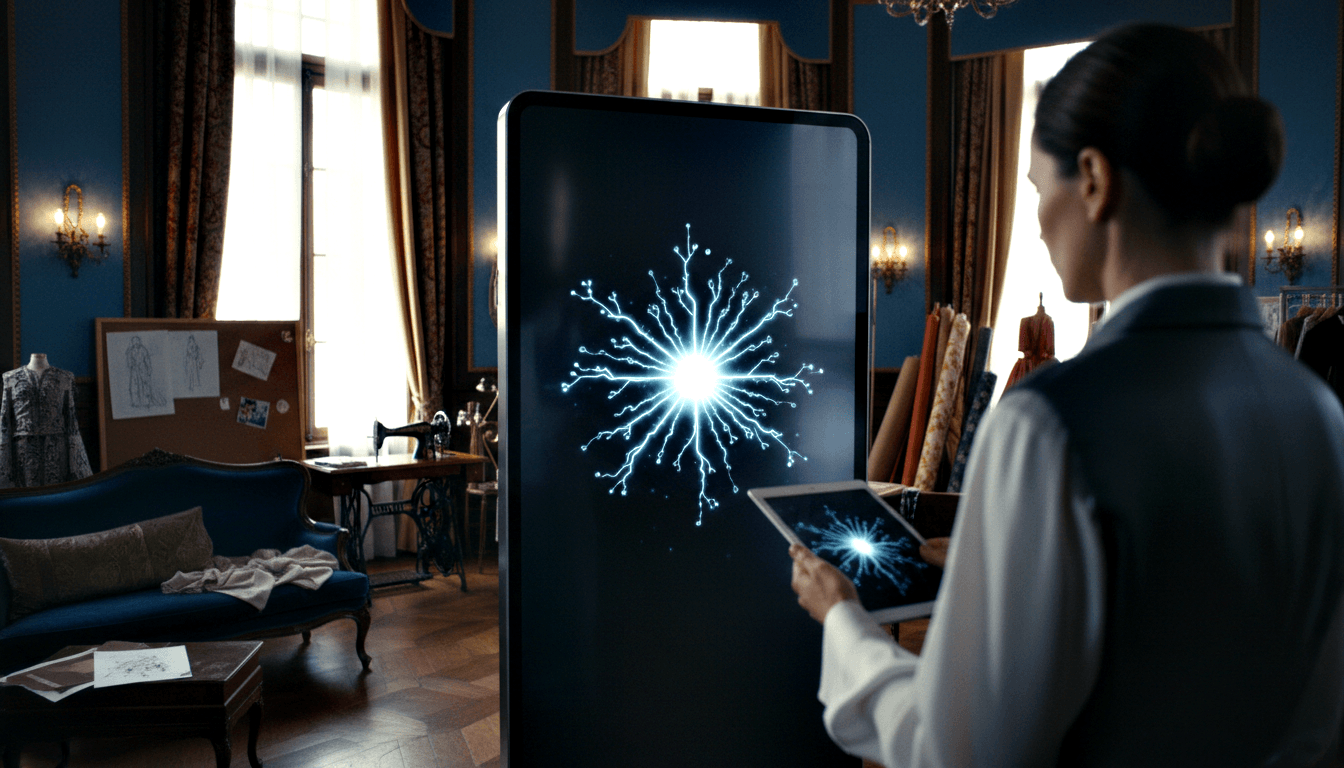 Black digital display with glowing burst dominates ornate room; person in white shirt and vest holds matching tablet, seen from behind.