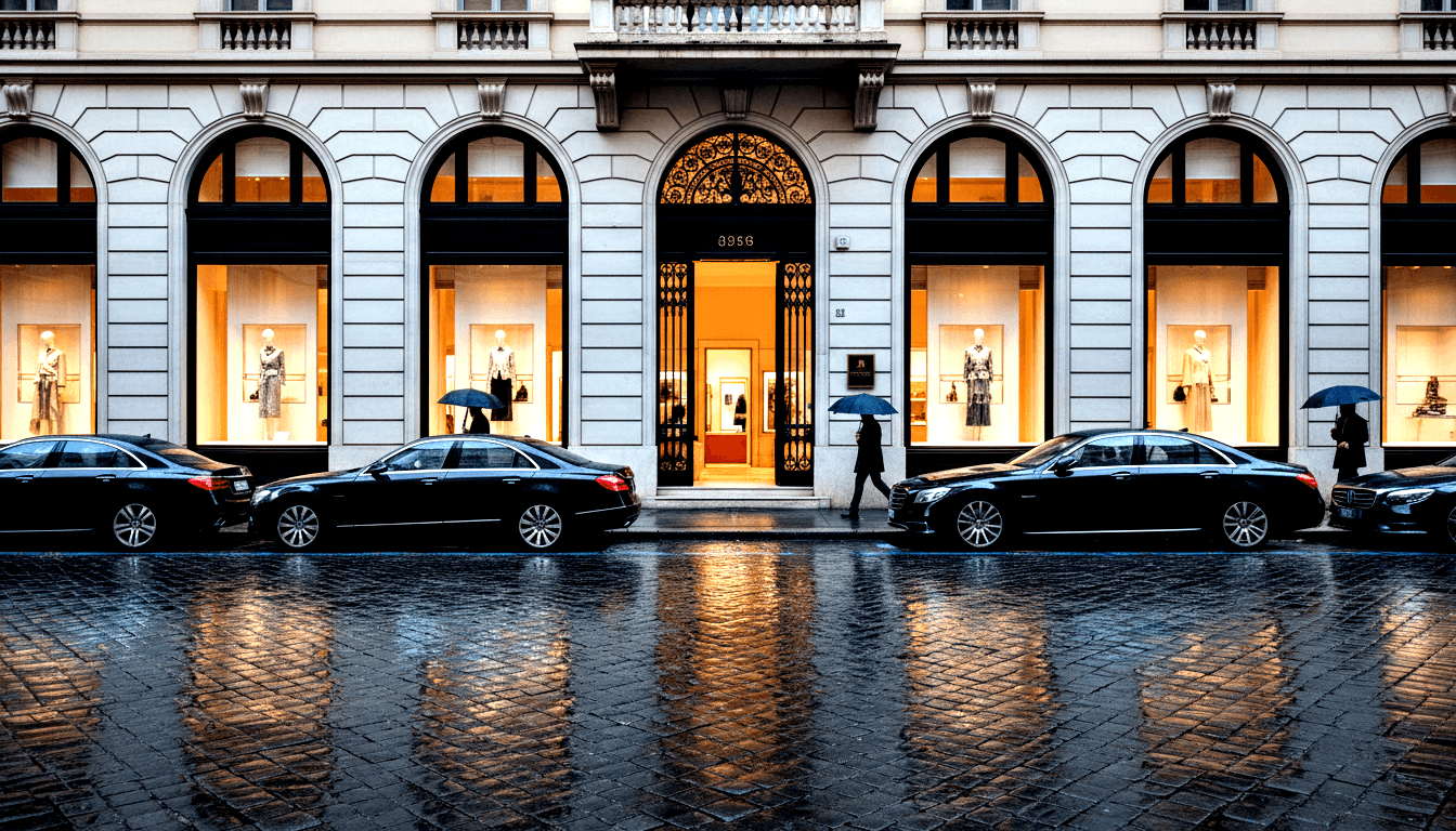 Neoclassical cream stone facade, arched windows, wrought-iron gate; pedestrians with blue umbrellas on rain-slicked cobblestones.