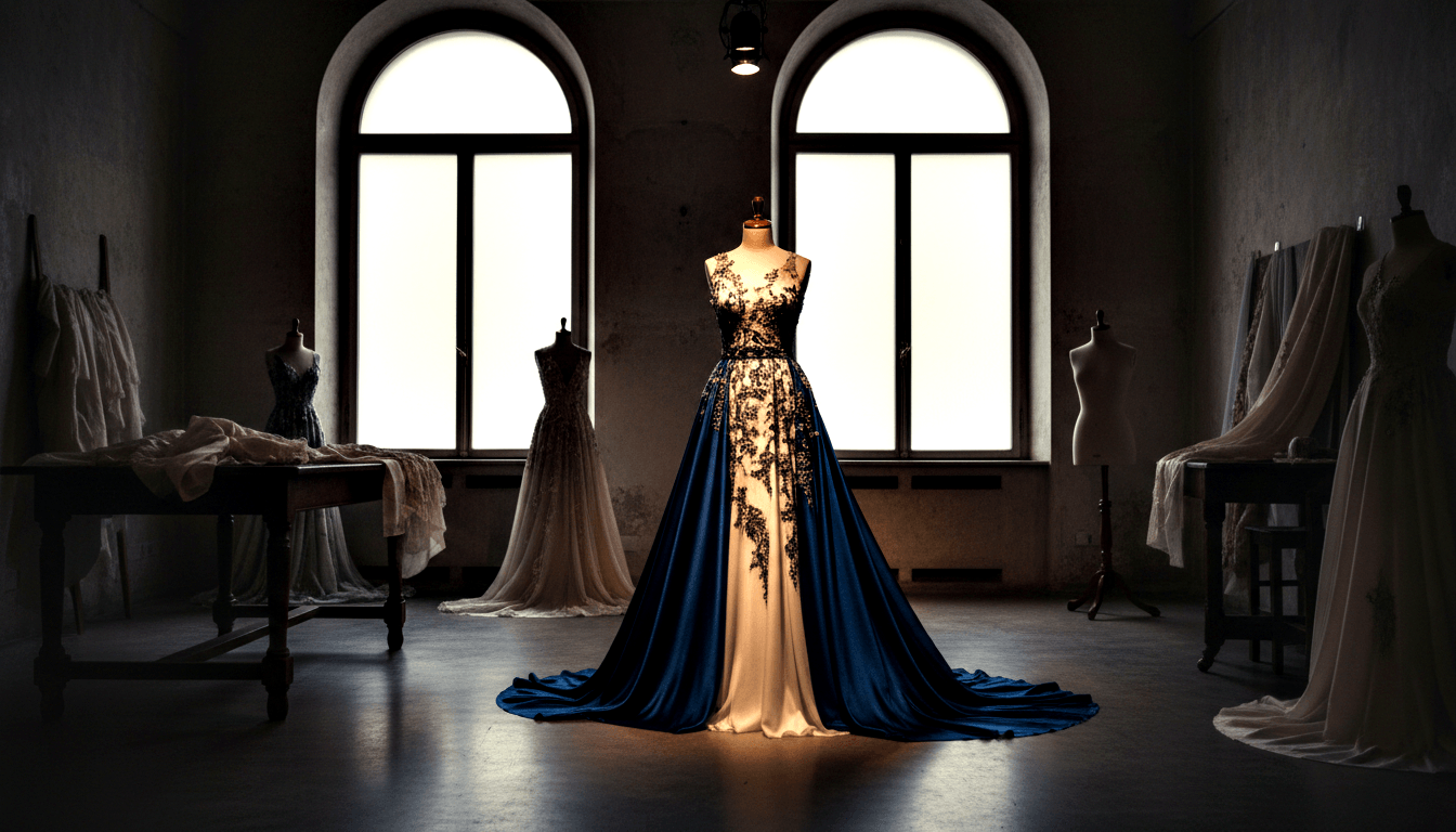 Dress form with navy blue and ivory ball gown with dark floral appliqué bodice, spotlit in dimly lit atelier with stone walls and arched windows.