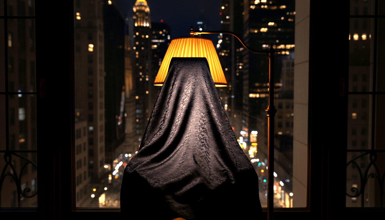 Dark cloth draped over unseen form with glowing amber lampshade, before ornate window overlooking nighttime cityscape with skyscrapers.