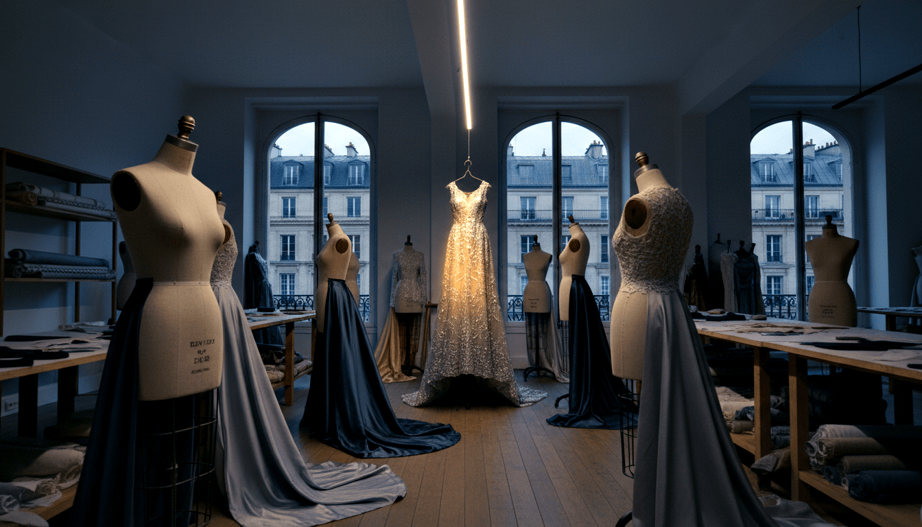 Fashion atelier with mannequins in navy and deep-toned gowns flanking a spotlit gold-champagne sequined gown hung under a pendant LED.