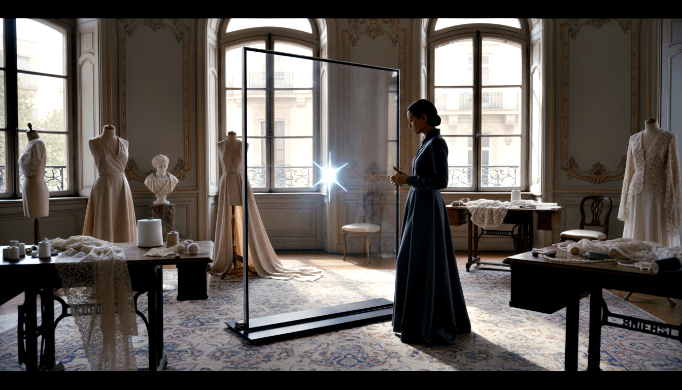 Dark-haired woman in navy dress stands in profile, hands raised toward a light-emitting transparent panel in an ornate classical interior.