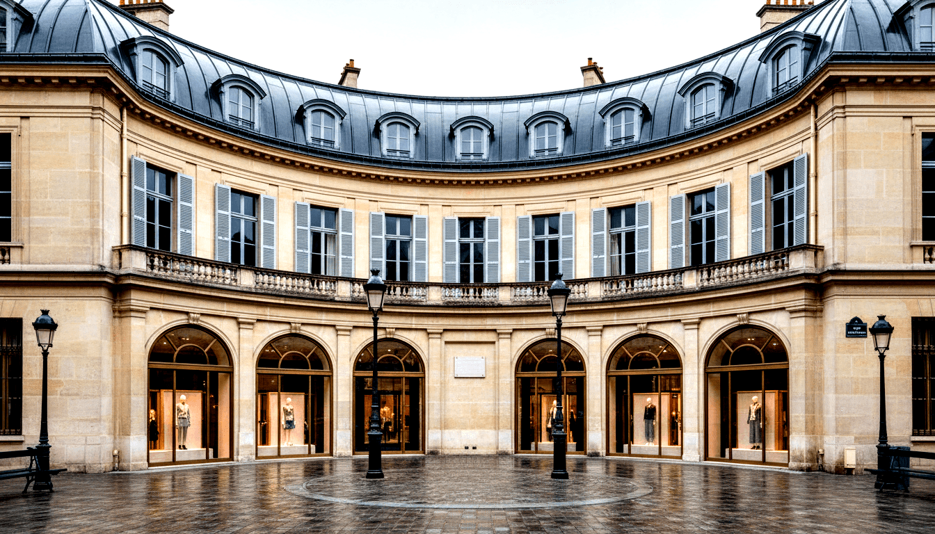 Curved cream limestone Neoclassical building, dark mansard roof, semicircular courtyard, amber-lit arched shopfronts with mannequins.