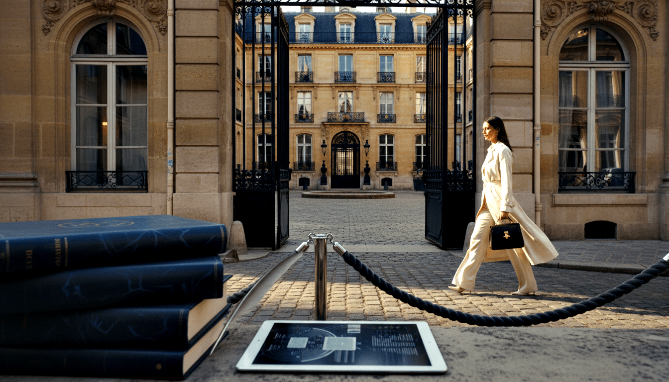 Woman in cream coat and wide-leg trousers walks through ornate black wrought-iron gates of a neoclassical building with golden stone facade.