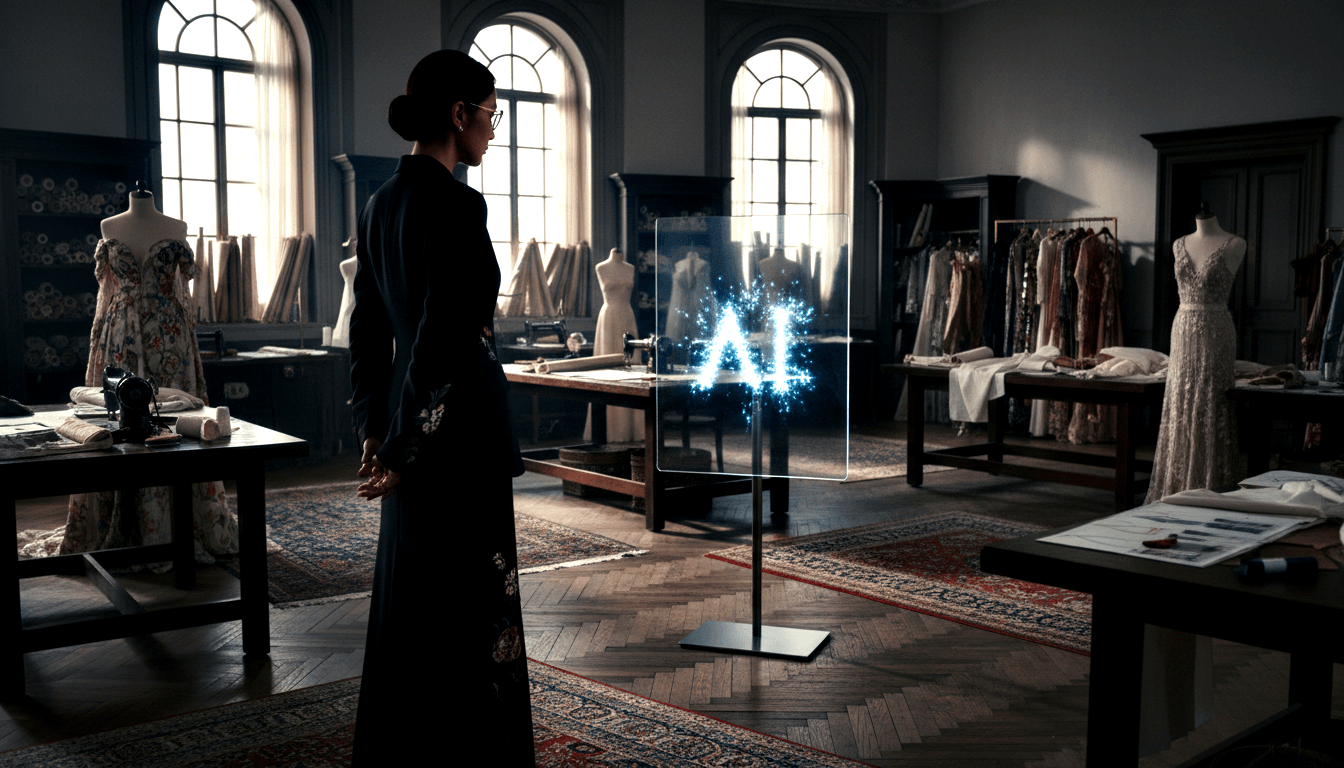 Woman in dark floral gown, hair in updo, glasses, facing a glowing holographic panel displaying blue particles forming 'AI' on black stand.