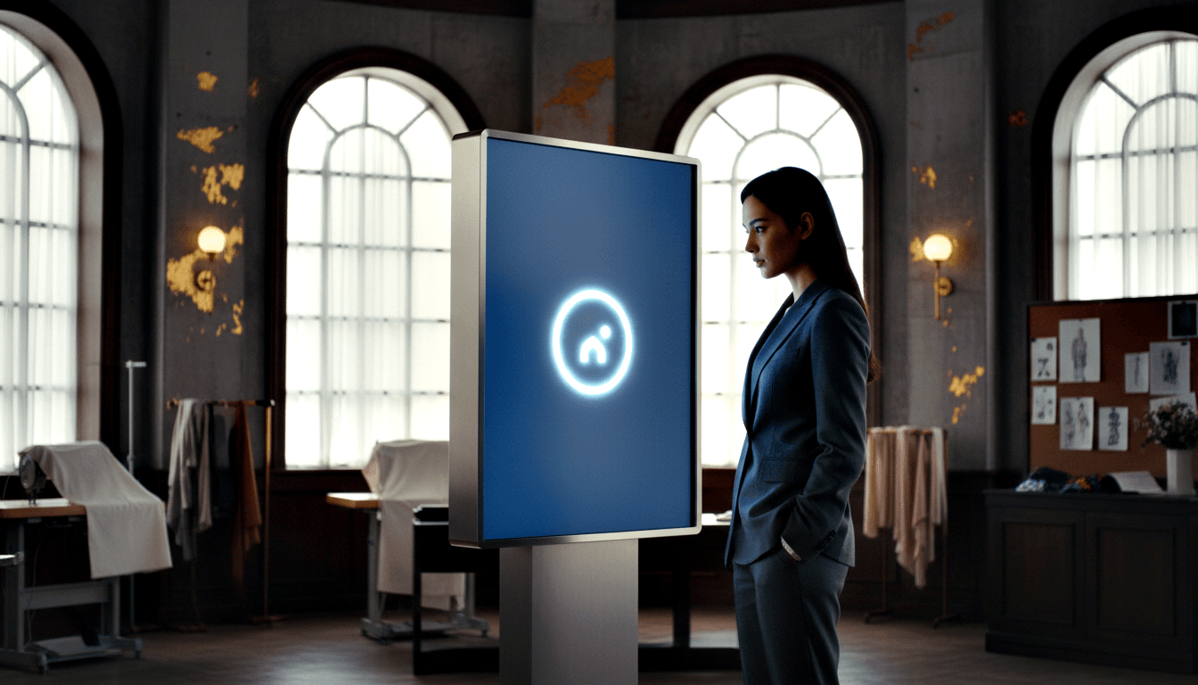 Woman in charcoal suit beside tall digital kiosk with glowing icon in high-ceilinged room with arched windows.