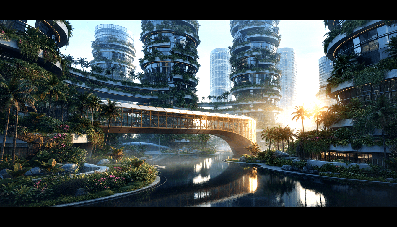 CGI render: cylindrical towers covered in vegetation and balconies flank a calm water channel; curved glass-timber skybridge arches overhead.