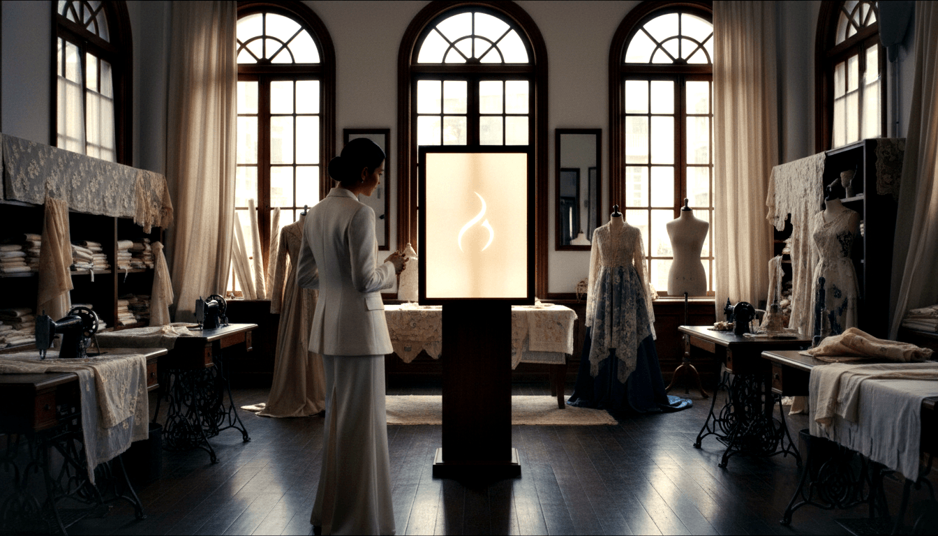 Person in white formal jacket and long skirt, seen from behind, facing a glowing panel with a swirling symbol in a symmetrical atelier.